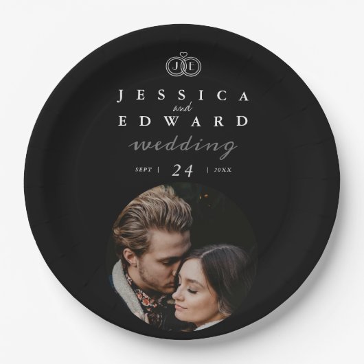 Elegantes Luxus-Schwarz-weiß Monogram-Foto Hochzei Pappteller (Vorderseite)