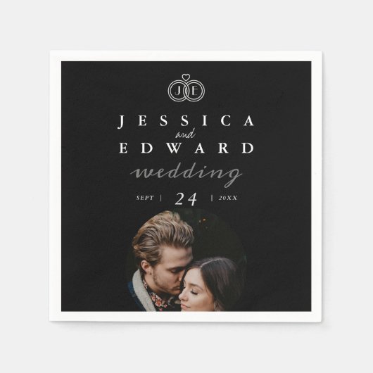 Elegantes Luxus-Schwarz-weiß Monogram-Foto Hochzei Serviette (Vorderseite)