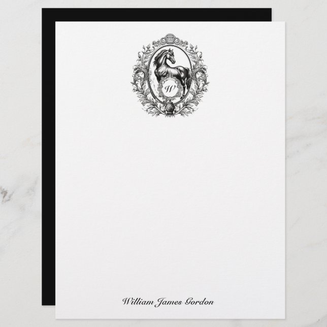Elegantes Luxus Vintag Pferd Reittier Monogramm Briefbogen (Vorne/Hinten)