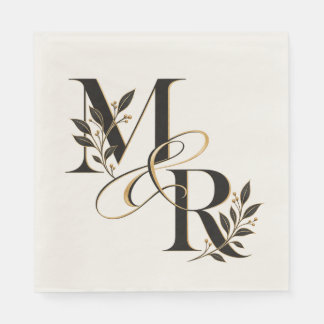 Elegantes M & R Hochzeitsmonogramm Schwarz Gold Fl Serviette