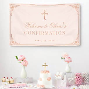 Elegantes Mädchen Konfirmation Rosa Roségold Kreuz Banner