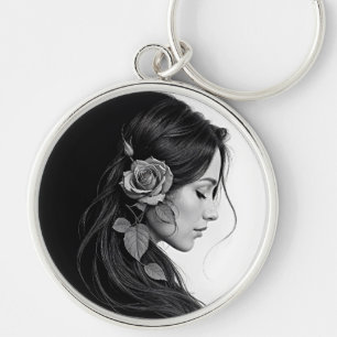 Elegantes Mädchen mit Blume im Haar Moderne Kunst Schlüsselanhänger