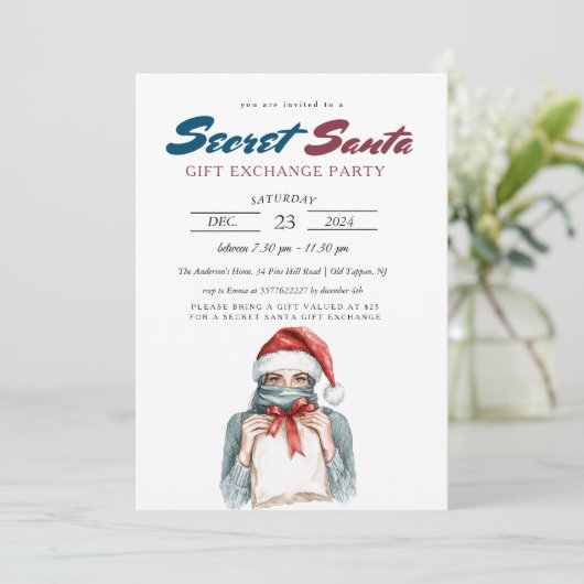 Elegantes Mädchen mit Kopftuch Geheimnis Santa Par Einladung (Stehend Vorderseite)