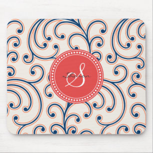 Elegantes, mädchenhaftes, orange-blaues Blumenmust Mousepad