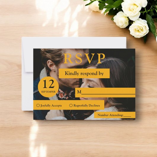Elegantes Magazin Cover Yellow Modern Foto Wedding RSVP Karte