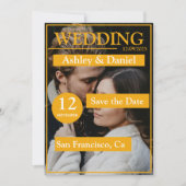 Elegantes Magazin Cover Yellow Modern Foto Wedding Save The Date (Vorderseite)