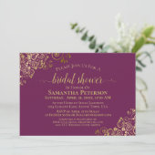 Elegantes Magenta & Gold Lace Frills Brautparty Einladung (Stehend Vorderseite)
