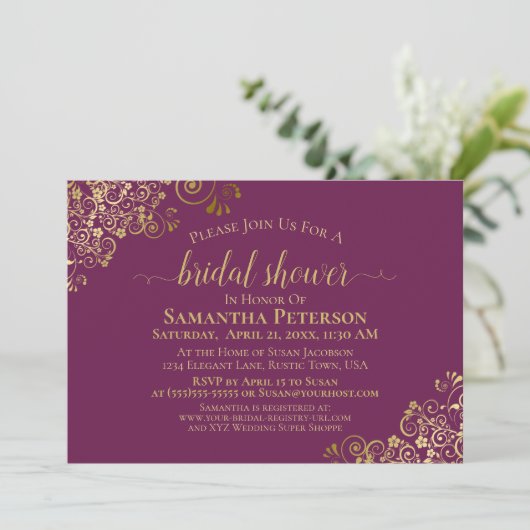 Elegantes Magenta & Gold Lace Frills Brautparty Einladung (Stehend Vorderseite)