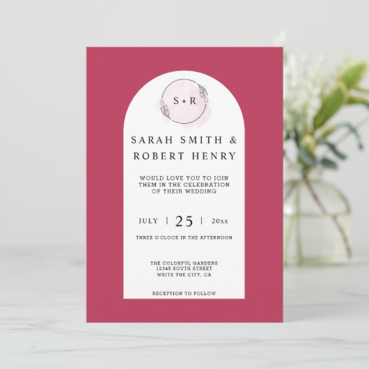 Elegantes Magenta Rosa Arch Monogram Foto Hochzeit Einladung (Stehend Vorderseite)