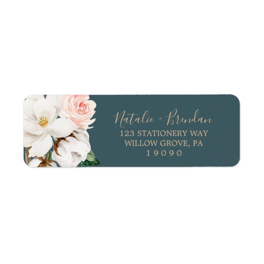 Elegantes Magnolia-Aquamarin-weiße Rücksendeadress (Vorne)