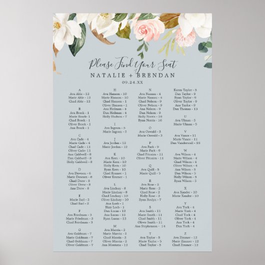 Elegantes Magnolia Blue Alphabetical Seating Chart Poster (Vorne)