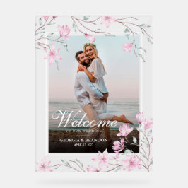 Elegantes Magnolia Foto Hochzeit Willkommen Acrylschild