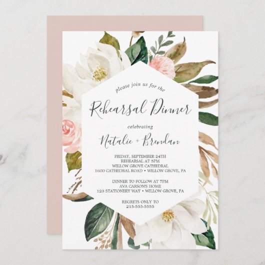 Elegantes Magnolia Probe Abendessen in Weiß und Ro Einladung (Vorne/Hinten)