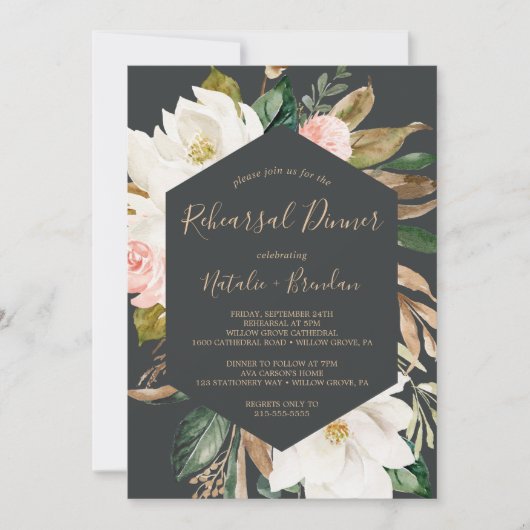 Elegantes Magnolia Schwarz-Weiß-Probe Abendessen Einladung (Vorderseite)