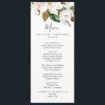 Elegantes Magnolia White & Blush Dinner Menü Menükarte<br><div class="desc">Diese elegante magnolische,  weiße und rot-grüne Speisekarte ist perfekt für eine moderne Hochzeit. Das weiche Blumendesign besticht durch die blau-farbenen Rosa-Bäckereien,  die atemberaubenden magnolischen Blume und die Baumwolle mit goldenen und grünen Blätter in einem luxuriösen Ambiente. Diese Speisekarte kann für Hochzeitsfeiern,  Proben oder jede Veranstaltung verwendet werden.</div>