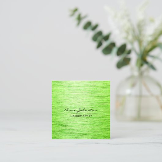 Elegantes Makeup Artist Lime Green Brushed Metal Quadratische Visitenkarte (Stehend Vorderseite)