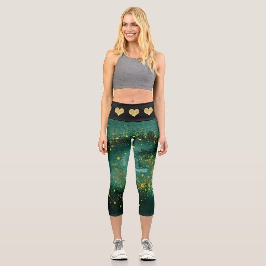 Elegantes Malachite Gold Herz Muster Capri Leggings (Vorderseite)