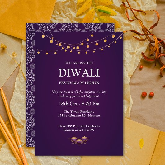Elegantes Mandala Muster Diyas Lila Diwali Party Einladung