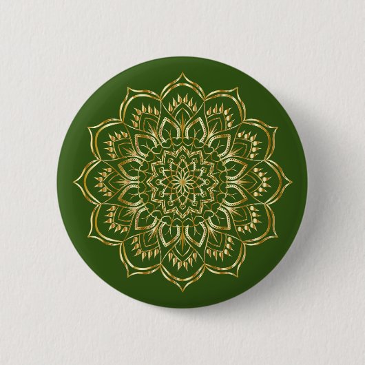 Elegantes Mandala-Muster in Grün und Gold Button (Vorderseite)