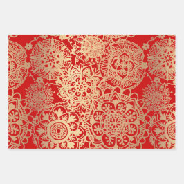 Elegantes Mandala Muster Red Green Gold Geschenkpapier Set