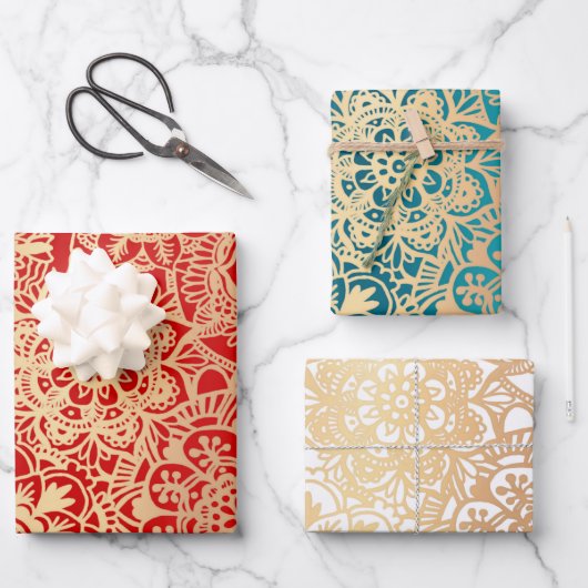 Elegantes Mandala Muster Red Green Gold Geschenkpapier Set (Vorderseite)
