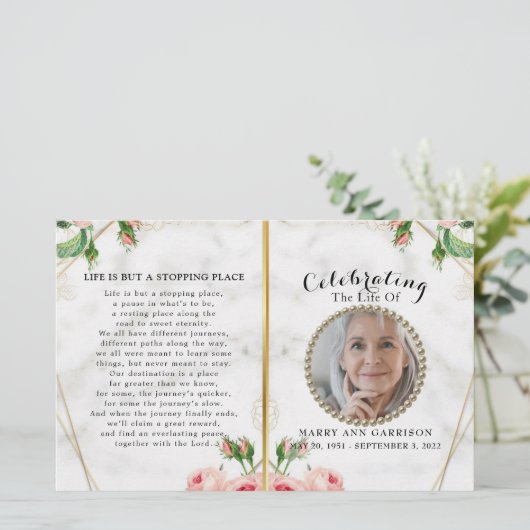 Elegantes Marble Floral Feier des Programms Leben (Stehend Vorderseite)