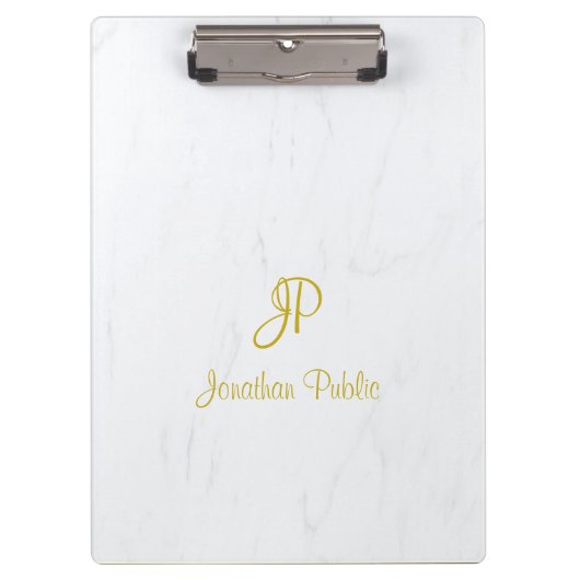 Elegantes Marble Handwriting Script Gold Monogram Klemmbrett (Vorderseite)