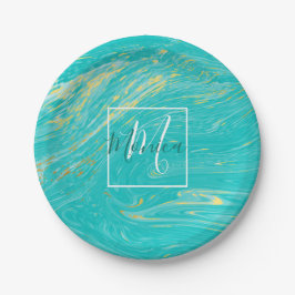 Elegantes Marble Luxus Gold Blue Design Monogramm Pappteller