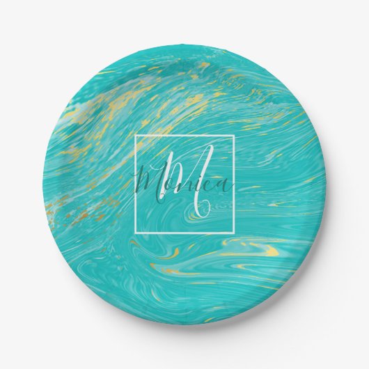 Elegantes Marble Luxus Gold Blue Design Monogramm Pappteller (Vorderseite)