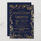 Elegantes Marine-Blau-GoldblumenBrunch sprudelnd Einladung (Vorne/Hinten)