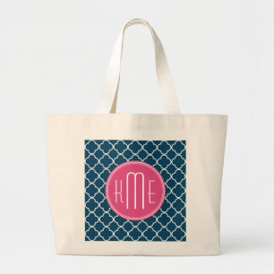 Elegantes Marine-Blau Quatrefoil mit rosa Jumbo Stoffbeutel