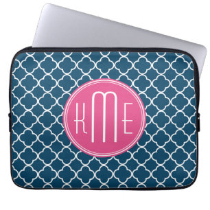 Elegantes Marine-Blau Quatrefoil mit rosa Laptopschutzhülle