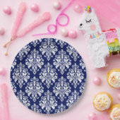 Elegantes Marine-Blau-und Weiß-Damast-Muster Pappteller (Party)