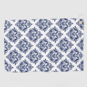 Elegantes Marineblau auf weißen Vintagen Damasken Golfhandtuch (Horizontal)
