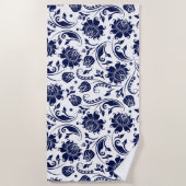 Elegantes marineblau-blaues Damastmuster Strandtuch (Vorderseite)