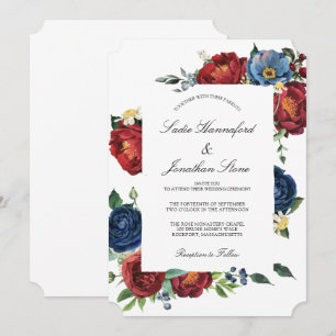 Elegantes Marineblau Burgunderrot Florales Hochzei Einladung