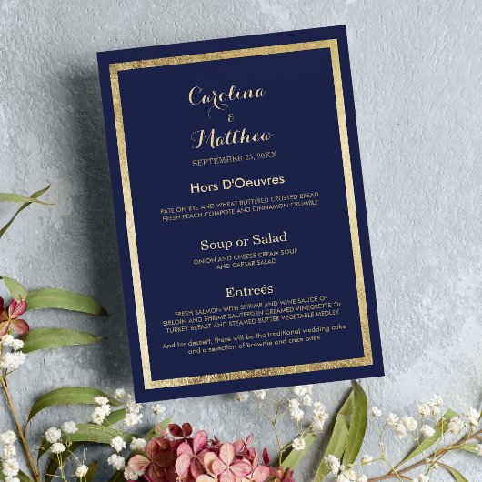 Elegantes marineblaudes Hochzeitsmenü mit goldblau Menükarte