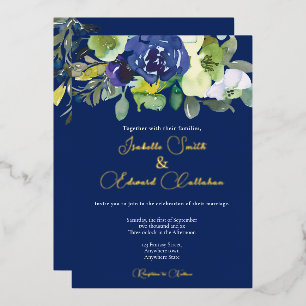 Elegantes marineblaues Aquarell-Blumenstrauß-Hochz Folieneinladung