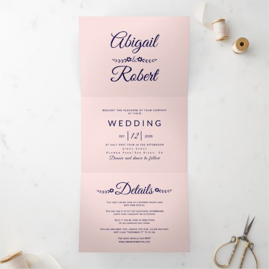 Elegantes marineblaues Foto, Hochzeit mit blauer T Dreifach Gefaltete Einladung (Innenseite)