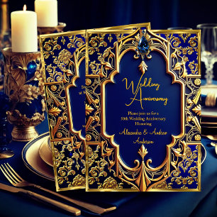 Elegantes Marineblaues Juwel Gold 50. Jubiläum Einladung