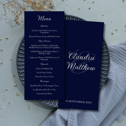 Elegantes marineblaues und silbernes Hochzeitsmenü Menükarte