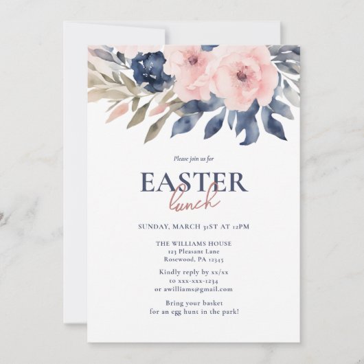 Elegantes marines Blue Blush Pink Floral Ostern Mi Einladung (Vorderseite)