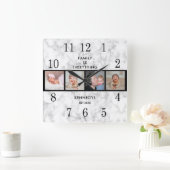 Elegantes Marmor 4 Foto Collage Familienangebot Quadratische Wanduhr (Zuhause)