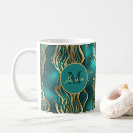 Elegantes Marmor Beige Türkisblau Aquamarines Mono Kaffeetasse (Mit Donut)