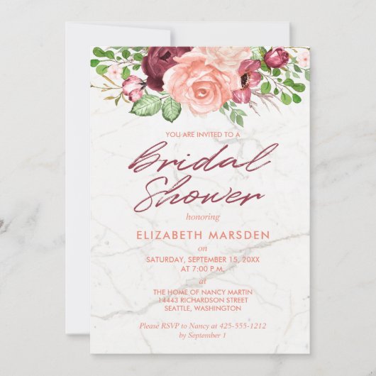 Elegantes Marmor Burgund Mauve Peach Brautparty Einladung (Vorderseite)