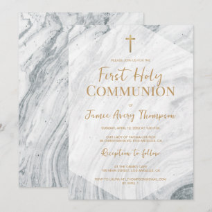 Elegantes Marmor Erstkommunion Goldkreuz  Einladung