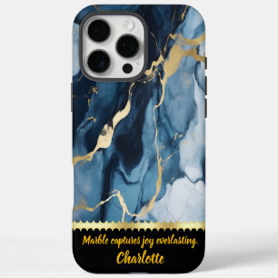 Elegantes Marmordesign mit blauen und goldenen Akz iPhone 16 Pro Max Hülle