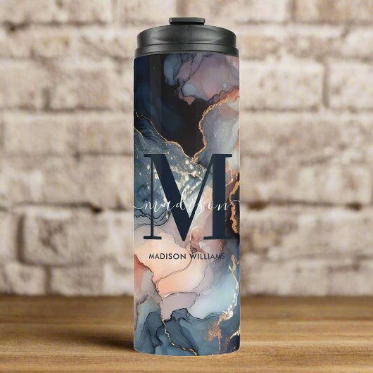 Elegantes Marmormor-Agate-Glitzer-Monogramm Thermosbecher