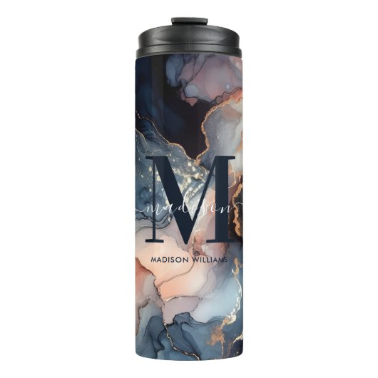 Elegantes Marmormor-Agate-Glitzer-Monogramm Thermosbecher (Vorderseite)