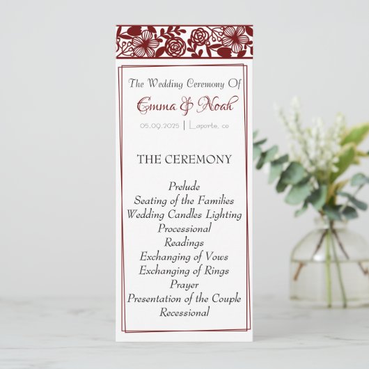 Elegantes Maroon-Burgund-Hochzeitsprogramm Programm (Stehend Vorderseite)